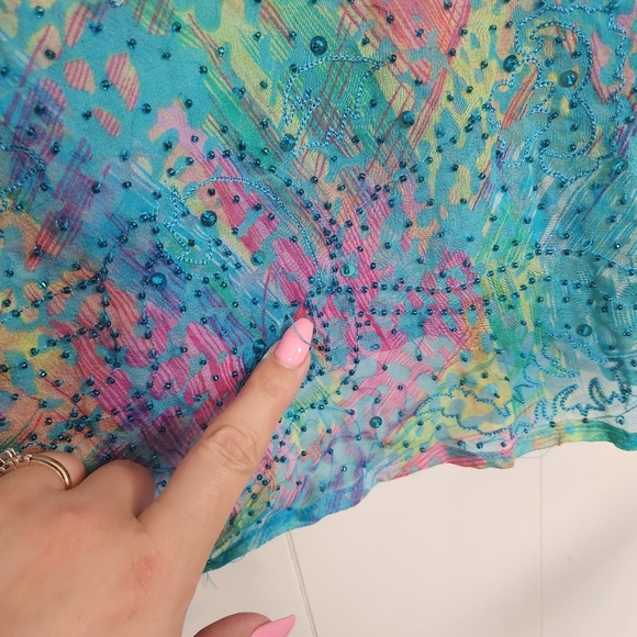 100% Silk DStudio Sheer Tunic Swim Cover-Up Top Boho Bohemian Summer Beaded - Picture 8 of 9